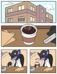 absurd_res anthro beverage building canid canine canis clothed clothing coffee coffee_cup comic container cup day detective folder furniture hat hat_ornament headgear headwear hi_res male mammal neko3240 police solo table webb_(neko3240) wolf