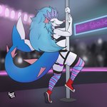 1:1 absurd_res anthro asterozoan bar big_butt blue_hair bra butt clothing dancing echinoderm femboy footwear generation_7_pokemon hair hi_res jockstrap legwear male mammal marine neptune_(rhode_arts) nightclub nintendo pinniped pokemon pokemon_(species) pole pole_dancing primarina public public_show rhode_arts sea_lion seal shoes show smile smiling_at_viewer solo starfish stockings tail topwear underwear white_body white_skin