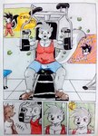 2016 anthro athletic_wear biceps bodily_fluids brown_body brown_eyes brown_fur bulge canid canine canis clothing comic comic_panel dashthefox detailed_background fur gym gym_equipment hi_res idea idea_bulb male mammal manly mephitid musclegut muscular muscular_anthro musk onomatopoeia pecs punky_skunk red_clothing red_shirt red_tank_top red_topwear shirt skunk sound_effects sweat sweatdrop tank_top text topwear traditional_media_(artwork) wet wolf