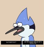 2023 anthro avian beak bird blue_body blue_feathers blue_jay bodily_fluids cartoon_network corvid english_text feathers hi_res humor inside jay_(bird) jinasault looking_down male mordecai_(regular_show) new_world_jay open_mouth oscine passerine regular_show shocked simple_background solo speech_bubble sweat sweatdrop tan_background text worried worried_look