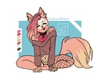 anthro blep canid canine canis chilli_(fivechickentendies) clothing female fishnet_clothing fivechickentendies humanoid mammal piercing sitting sitting_on_ground smile tongue tongue_out wolf