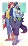 2018 3_toes absurd_res anthro aruurara barefoot black_hair blush canid canine claws clothed clothing countershade_feet countershading duo eyes_closed feet female fur grey_body grey_fur hair hand_holding hi_res intimate kemono looking_at_another mammal melissa_(aruurara) orange_body orange_fur paws personal_space_invasion plantigrade red_eyes red_hair slightly_chubby thick_thighs toes walking walking_together