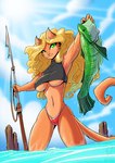 2022 anthro bikini bikini_bottom blonde_hair breasts clothing cloud conditional_dnp domestic_cat felid feline felis female feral fish fishing fur green_eyes hair harpoon holding_fish holding_object jollyjack looking_at_viewer mammal marine melee_weapon orange_body orange_fur partially_submerged polearm pupils sky slit_pupils solo spear spearfishing swimwear two-piece_swimsuit under_boob water weapon