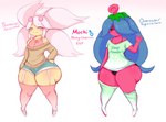 anthro blue_hair bottomwear cherrim clothing femboy generation_4_pokemon hair male mochi_(rockpup241) model_sheet nintendo overcast_form_cherrim pink_body pink_hair pokemon pokemon_(species) rockpup241 shiny_pokemon shirt shorts solo sunshine_form_cherrim sweater topwear yellow_body