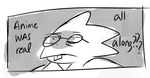 alphys anthro black_and_white border clothing coat english_text eyewear female glasses lab_coat lizard monochrome realization reptile scales scalie scribzag solo stunned text topwear undertale_(series) white_border