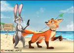 animal_genitalia anthro balls beach bikini bikini_bottom black_nose breasts canid canine clothed clothing detailed_background dipstick_ears dipstick_tail disney duo ear_markings female feral feralized fox fully_sheathed fur genitals gloves_(marking) green_eyes grey_body grey_fur hi_res holding_leash holding_object inner_ear_fluff judy_hopps lagomorph leash leg_markings leporid link6432 looking_back male mammal markings multicolored_body multicolored_ears multicolored_fur multicolored_tail navel nick_wilde nipples nude nude_beach open_mouth open_smile orange_body orange_fur outside penis penis_tip pink_nose purple_eyes rabbit red_fox scut_tail seaside sheath short_tail sign small_breasts smile socks_(marking) swimwear tail tail_markings text topless true_fox tuft two-piece_swimsuit two_tone_body two_tone_fur zootopia