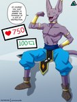 3:4 anthro athletic athletic_anthro athletic_male beerus bottomwear clothed clothing digital_media_(artwork) domestic_cat dragon_ball dragon_ball_super english_text felid feline felis flexing footwear gold_(metal) gold_jewelry hairless hairless_cat hi_res jewelry male mammal open_mouth pants partially_clothed piercing prismanoodle_(artist) purple_body shoes simple_background solo sphynx_(cat) strip_meme tail text undressing