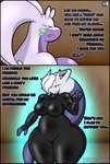 absurd_res al_gx anthro black_border border casual_nudity cave clothed clothing comic curvy_figure dialogue english_text fan_character female freckles generation_6_pokemon goo_creature goodra hair hi_res horn latex latex_clothing latex_skinsuit legendary_pokemon levitation mammal mega_evolution mega_mewtwo mega_mewtwo_y megan_(al_gx) nintendo opal_(al_gx) pokemon pokemon_(species) purple_body red_eyes rubber_clothing short_hair skinsuit story text thick_thighs tight_clothing white_hair wide_hips