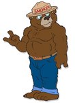 anthro barefoot bear belt black_nose blue_bottomwear blue_clothing blue_jeans blue_pants blue_sclera bottomwear brown_belt brown_eyes brucebadger character_name clothed clothing denim denim_bottomwear denim_clothing feet jeans male mammal musclegut muscular muscular_male pants red_text simple_background smile smokey_bear solo text topless topless_male united_states_forest_service white_background