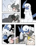 absol anthro anthrofied black_hair blue_body chu_(sound_effect) colored comic duo eyes_closed female fur generation_3_pokemon genitals hair hi_res human kiss_on_lips kissing male mammal nintendo pokemon pokemon_(species) pokemorph pussy red_eyes snow unconscious white_body white_fur woken_up yellow_eyes zneazel