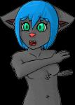 2018 4_fingers alpha_channel anthro blue_hair breasts chest_tuft digital_media_(artwork) domestic_cat ear_tuft felid feline felis female fingers fur green_eyes grey_body grey_fur hair mammal nude open_mouth picartosux shocked simple_background solo standing tongue transparent_background tuft