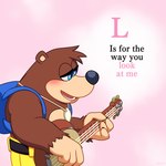 1:1 anthro backpack banjo-kazooie banjo_(banjo-kazooie) banjo_(instrument) bear blush bottomwear brown_bear clothing dialogue english_text hi_res jewelry male mammal musical_instrument necklace pants pink_background plucked_string_instrument rareware shirtless shirtless_male simple_background skelly_doll string_instrument text ursine