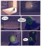 2023 anon cave cloak clothing comic dialogue digital_media_(artwork) door english_text glowing glowing_eyes green_eyes hi_res human male mammal profanity rock sluggabed tagme text