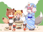 accessory alternate_species ambiguous_gender anthro benikurage bodily_fluids canid canine canis chopsticks cookie_(touhou) cooking domestic_dog female feral food furrification group hair_accessory hair_ribbon hi_res holding_chopsticks holding_object inmu-kun loris lorisoid mammal manatsu_no_yo_no_inmu mochi nadeko_(cookie) outside primate raccoon_dog reimu_hakurei ribbons rumia sakenomi_(cookie) saliva shichirin slow_loris strepsirrhine tanuki touhou usb_port_(nicoseiga46816714) vivian_(cookie) yuyuko_saigyouji