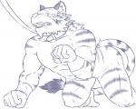 anthro big_muscles blush bodily_fluids collar felid humanoid_hands leash male mammal monochrome mostly_nude muscular muscular_anthro muscular_male offscreen_character pantherine sharp_teeth simple_background solo sweat teeth tiger urakata5x white_background