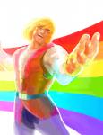 2011 absurd_res belt blonde_hair brekkist clothed clothing eyes_closed grandfathered_content hair happy he-man hi_res human human_only humor lgbt_pride male mammal masters_of_the_universe mattel meme not_furry open_mouth open_smile pride_color_background pride_colors rainbow rainbow_background rainbow_pride_colors rainbow_symbol reaction_image simple_background six-stripe_rainbow_pride_colors smile solo