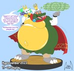 2023 3_toes 4_fingers amiibo anthro belly big_belly biped black_sclera blue_background blue_collar bodysuit brainwashing cape claws clothed clothing collar control_collar crocodilian crown dialogue digit_ring digital_drawing_(artwork) digital_media_(artwork) donkey_kong_(series) dragon duo english_text feet fingers floating_crown flying glistening glistening_clothing gloves green_body green_eyes green_wings grey_body handwear headgear hi_res horn hypnosis hypnovember immobile imp jewelry king_k._rool kremling latex latex_clothing latex_gloves latex_handwear male membrane_(anatomy) membranous_wings mind_control mythological_creature mythological_scalie mythology navel nintendo open_mouth overweight overweight_male purple_clothing purple_skinsuit reboot_(soul-silver-dragon) red_cape red_clothing reptile ring ringed_eyes scalie sculpture sharp_teeth simple_background size_difference skinsuit smile soul-silver-dragon soul-silver-dragon_(character) species_transformation speech_bubble spiral standing statue statue_transformation statufication stuck teeth text thought_bubble tight_clothing toe_claws toe_ring toes toony transformation usb_tail white_body white_horn wings yellow_body yellow_clothing yellow_gloves yellow_handwear yellow_horn