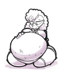 2018 4_fingers anthro belly big_belly biped bovid breasts caprine curled_hair digital_drawing_(artwork) digital_media_(artwork) eyebrow_through_hair eyebrows eyelashes eyewear female female_anthro fingers front_view fur glasses greyscale hair hand_on_belly kneeling looking_at_belly looking_down looking_down_at_self maddeku mammal monochrome navel portrait round_glasses shaded sheep simple_background solo thick_thighs three-quarter_portrait translucent translucent_hair white_background wool_(fur) wool_hair