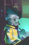 absurd_res anthro bluush canid canine canis cyberpunk_clothes desk eyewear female furniture glasses hi_res mammal round_glasses solo stylus table tablet wolf