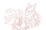 amphibian angry anthro anthrofied argument beelzemon_(artist) clothing dialogue duo english_text fan_character gael_the_scrafty generation_5_pokemon generation_6_pokemon greninja low_res luce_the_greninja male monochrome nintendo pokemon pokemon_(species) pokemorph profanity scarf scrafty sketch text