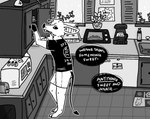 alternative_fashion anthro appliance barefoot bat bottomwear cheek_tuft clothing dialogue dialogue_box english_text facial_tuft feet fingerless_gloves gloves greyscale handwear humor kitchen kitchen_appliance male mammal microwave_oven monochrome punk sharp_teeth shirt shorts sins_(sinsquest) sinsquest solo spade_tail t-shirt tail teeth text topwear trans_(lore) trans_man_(lore) tuft wide_eyed