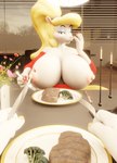 2024 3d_(artwork) 5_fingers absurd_res animaniacs anthro areola atoastedorange beef big_breasts blender_(artwork) blonde_hair breasts broccoli clothed clothed_anthro clothed_female clothing cutlery digital_media_(artwork) exposed_breasts female fingers first_person_view food fork fur hair hi_res huge_breasts humanoid_hands kitchen_utensils knife mammal meat minerva_mink mink mustelid musteline nipples pink_areola pink_nipples pink_nose plant plate ponytail smile solo steak tools true_musteline vegetable warner_brothers white_body white_fur