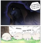 aman_(weibo) anthro biped bovid canid canine canis caprine cloak clothing comic dialogue english_text feral group hard_translated mammal night plant scared sheep text third-party_edit translated translation_edit tree white_body wolf