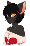 2015 anthro black_hair blush broken_heart clothed clothing digital_media_(artwork) domestic_cat felid feline felis female fur grey_body grey_fur hair hi_res jewelry key key_necklace looking_at_viewer mammal necklace pink_inner_ear pollo-chan shaded simple_background solo white_background yellow_eyes