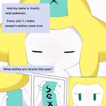 1:1 absurd_res anthro close-up disappointed english_text expressionless eyes_closed female francat generation_3_pokemon green_eyes hi_res holding_object jirachi legendary_pokemon nintendo pokemon pokemon_(species) simple_background simple_eyes smile solo tanabata text text_box white_body