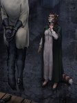 ambiguous_gender anthro arms_tied bound canid canine canis cloak clothed clothing death digital_media_(artwork) domestic_dog dress duo felid female footwear gallows green_eyes hair hanged hi_res khajiit mammal microsoft painting_(artwork) pantherine raining rope sad shoes tail techiesxc the_elder_scrolls tiger wet wet_clothing