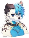 2023 anthro bitterk4t black_body black_fur black_nose black_spots blue_body blue_eyes blue_fur bust_portrait button_ears canid canine canis collar digital_drawing_(artwork) digital_media_(artwork) domestic_dog floppy_ears fur head_tuft hi_res looking_at_viewer mammal markings portrait simple_background smile solo spots spotted_body spotted_fur tuft white_background white_body white_fur yellow_body yellow_fur