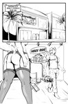 absurd_res anthro bottomwear bulge butt canid canine clothing comic dialogue english_text female garter_belt garter_straps hi_res jojo_pose legwear male mammal mary_ann_(mdgusty) mdgusty monochrome pants porn_star porn_studio shirt studio text thigh_highs topwear