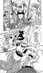 anthro bodily_fluids clothed clothing comic cookie_(furryfight_chronicles) daigaijin dialogue dumbbell english_text female fur furryfight_chronicles group hair hi_res jump_rope lagomorph leporid mammal midriff monochrome muko navel rabbit rodent sciurid sweat text tree_squirrel weights