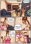 anthro apron big_breasts big_butt breasts butt clothing comic dialogue english_text female giraffe giraffid halloween hi_res holidays horn jira_(kobu_art) kobu_art mammal mature_female ossicone overweight overweight_female smile solo text thick_thighs underwear