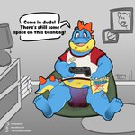 1:1 absurd_res anthro belly_peeking_out bodily_fluids crocodile crocodilian crocodylid croconaw diaper english_text feces feet gaming generation_2_pokemon genital_fluids hi_res male messy_diaper nerd nintendo overweight paws piercing playing_video_game pokemon pokemon_(species) possumkiddo reptile scalie slightly_chubby slob solo stubble text toes urine watersports