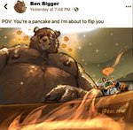 Rating: q
ID: 5537966
Date: 2025-04-29 14:17:16 -0400
Status: active
Score: 42
2025 absurd_res anthro artist_name bangboo bear belly ben_bigger brown_body brown_fur clothed clothing cooking duo english_text eous_(zenless_zone_zero) exclamation_point eye_scar ezi_zeke facial_scar fur hi_res inside kerchief machine male mammal mihoyo moobs neckerchief neckwear overweight overweight_male robot scar smile smiling_at_viewer social_media text thiren topless you're_a_pancake_and_i'm_about_to_flip_you zenless_zone_zero post #5537966