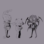 1:1 ambiguous_gender anthro arachnid arthropod black_body black_fur broken_horn don't_starve elemental_creature elemental_humanoid female flora_fauna frill_(anatomy) fur group hi_res horn humanoid klei_entertainment male merm monochrome neck_frill plant plant_humanoid plantigrade spider trio webber white_eyes wormwood wurt