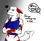 annoyed anthro arianna_(arkdoggo) arkdoggo arkdoggo_(character) berger_blanc_suisse big_breasts breasts canid canine canis clothing crop_top domestic_dog duo female fur good_girl hair herding_dog long_hair male mammal midriff pastoral_dog red_body red_fur secretly_loves_it shirt tail tail_motion tailwag topwear track_pants white_body white_fur white_hair