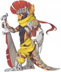 anthro anthrofied armor athletic athletic_anthro athletic_male beelzemon_(artist) clothed clothing digital_media_(artwork) fan_character gael_the_scrafty generation_5_pokemon headgear helmet long_tail male melee_weapon mohawk nintendo pokemon pokemon_(species) pokemorph purple_eyes scrafty shaded side_view simple_background solo stripes sword tail teeth topless unconvincing_armor weapon white_background