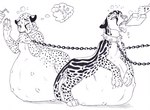 belly belly_inflation big_belly black_and_white blondevelvet chain cheetah collar conditional_dnp duo eating_trash felid feline female feral hi_res inflation king_cheetah mammal monochrome nipples object_vore pen_(artwork) simple_background spots story story_in_description traditional_media_(artwork) trash vore