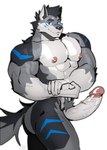 2024 abs absurd_res anthro big_penis black_body black_fur black_hair blue_eyes blue_stripes canid canine canis countershade_torso countershading deltoids facial_stripes flexing flexing_bicep fur genitals gloves_(marking) grey_body grey_fur hair hi_res male mammal markings multicolored_body multicolored_fur nude pecs penis pubes re_baiz simple_background solo standing striped_body striped_fur stripes tail tyrael_(tyraelsdc) vein veiny_muscles veiny_penis white_background white_body white_countershading white_fur wolf