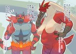 anthro belly biped blaziken blue_eyes breasts crotch_tuft dialogue duo female fur generation_3_pokemon generation_7_pokemon gyu_hydrogen incineroar japanese_text kemono male mature_female medium_breasts nintendo overweight overweight_female pokemon pokemon_(species) red_body red_fur sagging_breasts tan_body tan_fur text translated tuft weight_conscious yellow_eyes