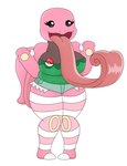 anthro big_breasts black_eyes bottomwear breasts clothing female generation_1_pokemon happy hi_res legwear lickitung long_tongue nintendo pink_body pokeball pokemon pokemon_(species) shirt shorts simple_background simple_eyes solo stockings tail tongue tongue_out topwear urusee584 white_background