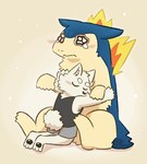 2024 2024_pokemon_gigaleak 3_toes ambiguous_gender anthro barefoot black_clothing black_shirt black_tank_top black_topwear blush bodily_fluids bottomwear canid canine clothing crying digital_media_(artwork) duo english_description feet fire fur generation_2_pokemon hi_res hug justice_for_typhlosion kneeling male mammal miruku_(artist) nintendo pokemon pokemon_(species) shirt shorts simple_background sitting tail tank_top tears tears_of_joy toes topwear typhlosion white_body white_fur