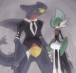 2024 anthro biped black_clothing black_suit blue_body blue_scales blue_tail chain clothing colored deinovolt digital_drawing_(artwork) digital_media_(artwork) duo english_description fin gallade garchomp generation_4_pokemon green_body grey_background hi_res looking_at_viewer male male/male mouthless multicolored_body multicolored_scales necktie nintendo pokemon pokemon_(species) red_body red_eyes red_scales red_spikes scales shark_tail side_by_side signature simple_background spikes spikes_(anatomy) standing suit tail tail_fin white_body white_spikes yellow_body yellow_eyes yellow_scales