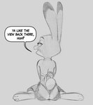 2024 3_toes anthro bottomwear butt clothed clothing dialogue disney english_text eyebrows feet female fur grey_background greyscale half-closed_eyes judy_hopps kneeling lagomorph leporid long_ears looking_at_viewer looking_back looking_back_at_viewer mammal monochrome narrowed_eyes rabbit rear_view scut_tail short_tail simple_background sitting solo speech_bubble tail text thehumancopier thong toes translucent translucent_clothing underwear zootopia