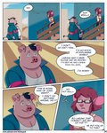 2021 4:5 anthro basil_(mikrogoat) belly bottomwear carolina_(mikrogoat) clothing comic dialogue domestic_pig duo english_text eyewear female glasses hi_res male mammal mikrogoat mouse murid murine outside overweight overweight_male rodent sad shirt shorts sitting suid suina sus_(pig) text topwear url