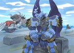 anthro armor bandai_namco cigarette digimon digimon_(species) duo dynasmon english_text feral headgear helmet hi_res horn level004 living_machine machine machmon male motorcycle smoking text vehicle wings