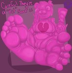 absurd_res anthro barefoot bear candy cuddle_team_leader dessert dialogue digital_media_(artwork) english_text epic_games feet female food food_creature foot_fetish foot_focus fortnite genitals gummi_team_leader gummy_(food) gummy_bear_(food) gummy_creature hi_res humanoid_feet living_candy looking_at_viewer mammal nexxiethejester nude open_mouth pink_body plantigrade pussy simple_background smile soles solo text toes