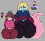 absurd_res alien alien_humanoid anthro big_breasts black_sclera blonde_hair blue_body blue_eyes blue_skin bodily_fluids bottomwear breasts brown_hair bunny_ears_(gesture) clothed clothing cropped_sweater digital_media_(artwork) duo earthbound_(series) eyes_closed eyes_mostly_closed female femboy fully_clothed gesture gieeg grey_background hair hand_gesture hi_res human humanoid madotsuki male mammal mother:_cognitive_dissonance narrowed_eyes nervous_smile niiue nintendo pants pigtails pink_tail portrait reference_image short_stack simple_background sitruspuffy smile sweat sweatdrop sweater tail thick_thighs three-quarter_portrait topwear v_sign wide_hips yoga_pants yume_nikki